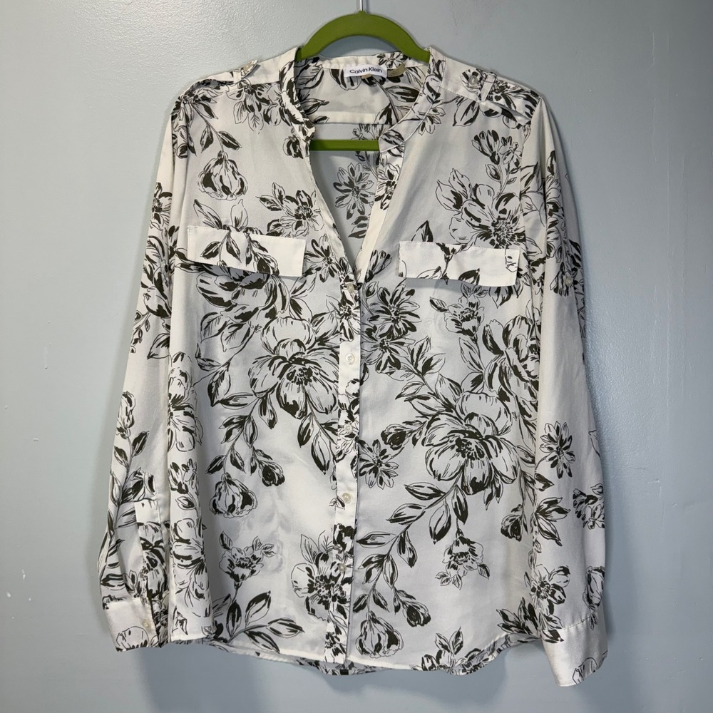 Calvin Klein Womens Floral Button Down Blouse White Green Roll Tab Sleeve Large